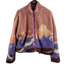 Wild Fable Landscape Faux Sherpa Colorful Cozy Full Zip Teddy Jacket